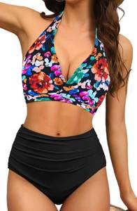lot 8012 image: Halter V Neck Push Up Swimsuit Padded High Waisted Ruched Bottom Two Piece Bikini Set Bathing Suit for Women (XX-Large) (Just Top)