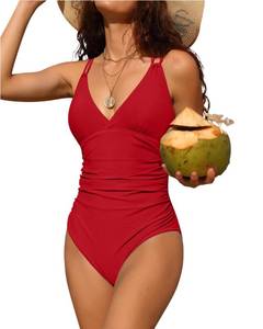 lot 8024 image: Charmo Tummy Control One Piece Swimsuits for Women Ruched Bathing Suit V Neck Strappy Monokini Red Medium