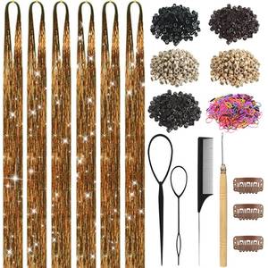 lot 8042 image: Hair Tinsel, Hair Tinsel Kit for Girls 1800 Strands Fairy Tinsel Hair Extensions Holographic Hair Tinsel Heat Resistant Colored Hair Glitter Christmas Party Festival (Bronze Gold)