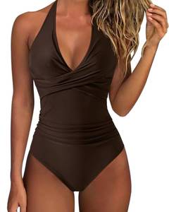 lot 8047 image: SUUKSESS Women Sexy Tummy Control One Piece Swimsuits Halter Push Up Monokini Bathing Suits (Dark Brown, L)
