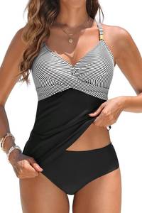 lot 8066 image: Womens Tankini Swimsuits - Two Piece Swimsuit Tummy Control Bathing Suit 2025 Twist V Neck Swimwear Black Stripe M