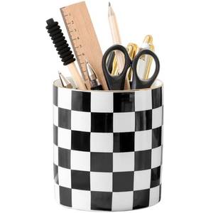 lot 8073 image: YOSCO Ceramic Checkered Pen Holder For Desk Cute Stand Gold Line Pencil Cup Pot Desk Organizer, Office Desktop Decor, Makeup Brush Holder for Girls,Women (Black-white)