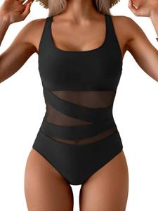 lot 8087 image: B2prity Womens Mesh One Piece Swimsuit Tummy Control Sexy Bathing Suit Push Up Swim Suit Slimming Swimwear Black, Large