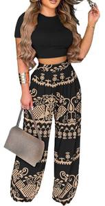 lot 8093 image: BFFBABY 2 Piece Outfits for Women Short Sleeve Crop Top High Waist Wide Leg Long Pant Sets Tracksuit Sport Set, LARGE