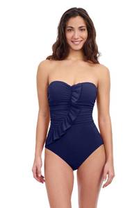 lot 8102 image: Profile by Gottex Tutti Frutti Navy WomenS Bandeau Ruffle Surplice One Piece Bathing Suit with Removable Adjustable Straps. SIZE 10
