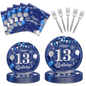 lot 8103 image: 96 PCS Blue Silver 13th Birthday Decorations for Boys Happy 13th Official Teenager Decorations Blue and Silver Vintage 2013 Theme for Teenager Boys Girls Decor Serve 24