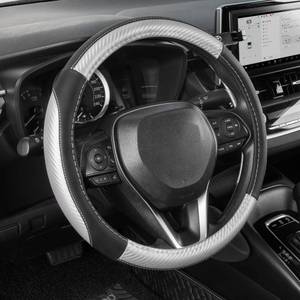 lot 8113 image: SEG Direct Car Steering Wheel Cover for F-150 Tundra Range Rover 15.5-16 inch, Auto Interior Accessories, Black with Sliver Carbon Fiber Pattern