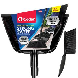 lot 8120 image: O-Cedar Strong Sweep Broom and Dustpan Set with Detail Brush  Indoor Outdoor Heavy Duty Stiff Bristle Broom  Step-On Dust Pan (Used)