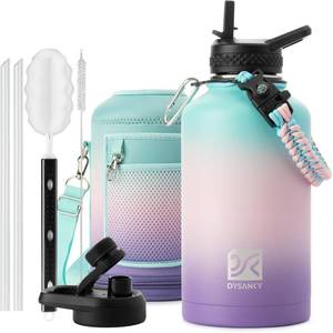 lot 9222 image: DYSANKY Insulated Water Bottle  Thickened Stainless Steel Vacuum Metal Portable Sports Half Gallon Large Water Jug for Gym and Hiking with Straw, Carrier Bag, Handle Strap  BPA-Free 64 oz