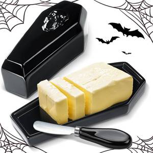 lot 9229 image: Reallnaive 2 Pcs Coffin Butter Dish with Lid Set with Butter Knife Black Gothic Skull Shape Ceramic Halloween Gothic Horror Kitchen Utensils Gift for Halloween Table Decoration Party Supplies(Flat)