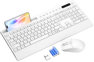 lot 9241 image: White Wireless Keyboard and Mouse Combo - Full-Size Quiet Keyboards with Palm Rest, Phone Holder, Multimedia Keys, Batteries Included, Office Key Board Compatible with Windows, PC, Laptop - Trueque