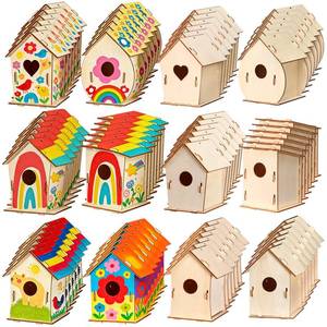 lot 9248 image: Amyhill 48 Pack Wooden Bird Houses Set for DIY Crafts Bulk Spring Unfinished DIY Wood Birdhouses to Paint Build Art Painting Bird House Hanging Spring Ornaments for Tree Crafts Party Gifts