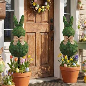 lot 9275 image: Geelin 23.6 Easter Bunny Decorations Moss Bunny Shaped Topiary Trees with Ground Spike Artificial Moss Rabbit Topiary Faux Plants Outdoor for Easter Party Indoor Outdoor Garden Decor