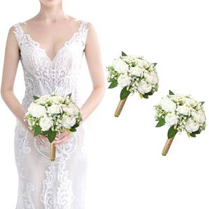 lot 9281 image: SEMONONIA Bridesmaid Bouquet White Wedding Flowers Bouquets Set of 2 - Artificial Rose and Babys Breath Rustic Small Floral Bouquet for Bridesmaid Fake Sage Green Boho 7 inch Wedding Decor