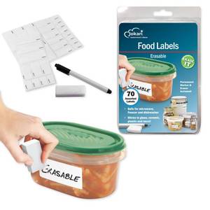 lot 10318 image: Jokari Label Once Erasable Food Labels with Marker and Eraser Reusable Removable Adhesive Labels for Kitchen Storage Freezer Dishwasher and Microwave Safe 70 Pack