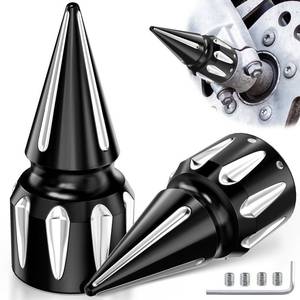lot 10326 image: AUTOJDM 3.6Motorcycle Chrome Front Axle Nut Covers,CNC Left&Right Spike Fron Axle Nut Caps Compatible with Harley Touring Sportster Dyna Softail Street Tri Glide Road King Electra Fat Boy (Black)