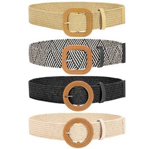 lot 10329 image: JASGOOD 4 Pack Straw Woven Belt Elastic Stretch Rattan Buckle Waist Belt Women Skinny Raffia Dress Waist Band(BlackBeigeKhakiStripe, Perfect for Waist Size Below 40 inch)