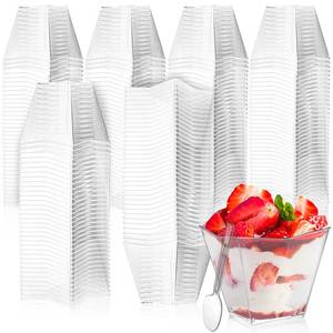 lot 12014 image: Lyellfe 100 Pack 4 Oz Dessert Cups with Spoon, Clear Plastic Cups, Mini Disposable Square Parfait Shooters Cups for Appetizer, Ice Cream, Pudding, Tasting Party