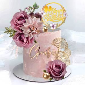 lot 14074 image: Flower Cake Toppers Happy Birthday Cake Toppers with Artificial Purple Rose Flowers Eucalyptu Leaves for Wedding Supplies (Purple)