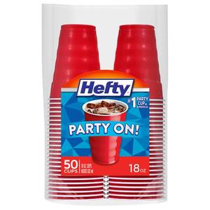 lot 14077 image: Hefty Party On Disposable Plastic Party Cups, 50 Count, 18 Oz Red Cups for Parties, Tailgates, Birthdays, Holidays, and More, Contoured Shape for Easy Gripping, Strong and Durable
