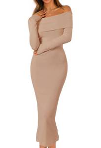 lot 14088 image: MEROKEETY Womens Winter Off Shoulder Bodycon Sweater Dress 2026 Spring Formal Long Sleeve Elegant Club Party Midi Dresses, Khaki, Small
