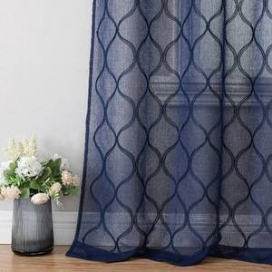 lot 14090 image: Bujasso Navy Blue Sheer Curtains Embroidered Geometric Light Filtering Curtain Panels for Living Room Bedroom Modern Moroccan Window Treatment Set Voile Blue Drapes Grommet Top W38 xL95 x2