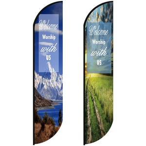 lot 14092 image: Remagr 2 Pcs 10.7x2.3 ft Church Welcome Feather Flags Sanctuary Swooper Banners Natural Scenery and Inspirational Christian Designs for Outdoor Worship Service and Event Promotion