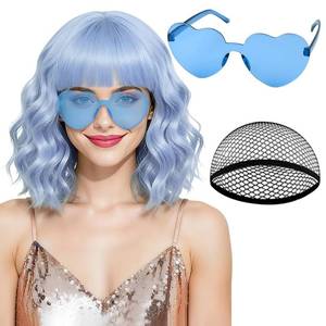lot 14101 image: PLULON Light Blue Wavy Bob Wigs with Bangs Heart Sunglasses Hair Cap for Women, Colored Synthetic Hair Short Bob Loose Curly Shoulder Length Wigs for Costume Bachelorette Party Music Festival
