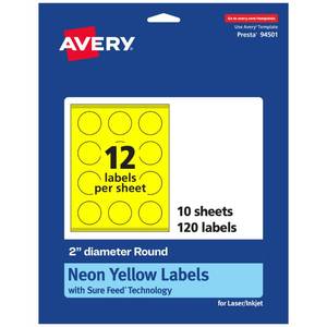 lot 14133 image: Avery Printable Round Labels, Sure Feed Technology, 2 Diameter, Neon Yellow Labels, Print-to-The-Edge, LaserInkjet Printable, 120 Total, Great for Stickers and Candles