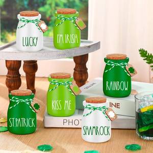 lot 14147 image: Umigy 6 Pcs St. Patricks Day Table Decorations St. Patricks Day Mason Jars Mini Tiered Tray Decor Shamrock Decorative Jars Table Decor for Home Kitchen Mantel