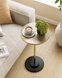 lot 15562 image: Round Side Table, Small Drink Table for Small Spaces, Modern Accent End Table with Metal Leg for Living Room, Bedroom, Corners, and Office (Gold)
