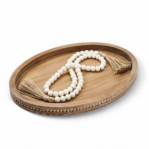 lot 15566 image: 16 x 11.8 Oval Wood Decorative Tray with 58 Bead Garland, Farmhouse Coffee Table & Kitchen Island D�cor, Rustic Brown Entryway Console Tray for Styling, Candles & Small Items