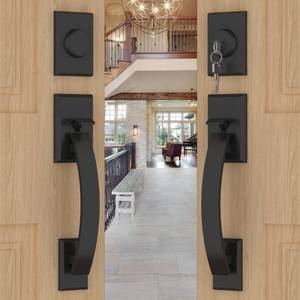 lot 15567 image: Goldenwarm Double Front Door Lock Set, Matte Black Double Door Handle with Dummy, Double Front Door Hardware Set with Reversible Handle Lever