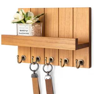 lot 15573 image: Rebee Vision Farmhouse Key Holder for Wall - Decorative Wall Shelf with Key Hooks & Mail Organizer Wall Mount for Apartment Essentials - Rustic Living Room Decor (Light Brown, 3.54D x 10W x 7.28H)