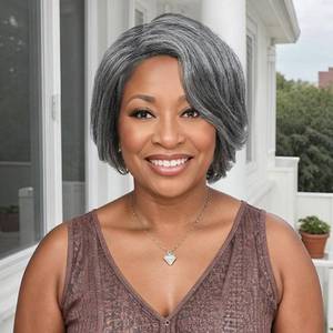 lot 15584 image: HUA Grey Human Hair Pixie Cut Wigs for Black Women - Mixed 8 Inch Short Salt and Pepper Straight Layered Grey Wigs with Natural Wave