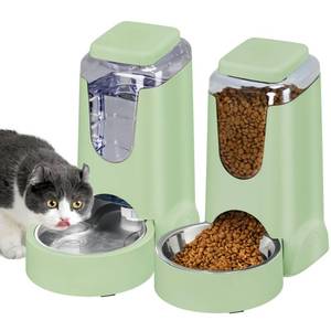 lot 15587 image: 2 Pack Automatic Cat Feeder and Stainless Steel Water Dispenser, Gravity Dog Waterer Set Food Feeder and Waterer Set for Small Medium Kitten Puppy Pets(1 Gallon x 2, Green)