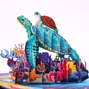 lot 16011 image: CUTE POPUP 3D Pop Up Sea Turtle Card for Dad, Parents & Animal Lovers - Handmade Laser Cut Daddy & Baby Turtle Birthday Card - Premium Italy Paper, 6x6 Inches, Envelope & Message Tag Included