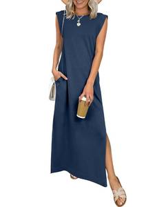 lot 16012 image: ANRABESS Women Summer Casual Sleeveless Maxi Dress 2026 Crewneck Loose Split Wrinkle-Free Beach Travel Vacation Long Sundress Navy Blue X-Large