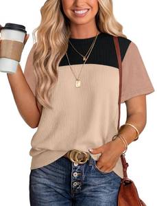lot 16021 image: Womens Tops Trendy Casual Womens Fall Fashion Clothing 2026 Waffle Knit Short Sleeve Shirts for Women Clothes Teacher Outfits Color Block Patchwork Tunic Pullover Soft Striped Black L