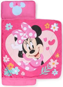 lot 16024 image: Jay Franco Kids Nap Mat with Embedded Pillow & Blanket �� Soft 46x20 Microfiber Sleeping Bag with Name Tag & Handle Pink - Minnie Mouse