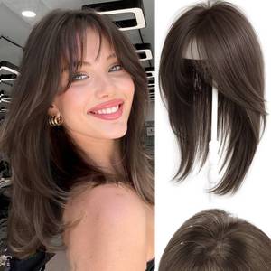 lot 16049 image: ICRAB Women Hair Topper with Curtain Bangs 14Inch Invisible Layered Topper Wig Piece Clip in Middle Part Bangs Wiglets Hairpieces for Thinning Hair 3.9x4.7 Dark Brown Color