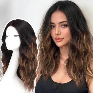 lot 16052 image: AISI HAIR 18 inch Honey Highlight Dark Brown Wig for Women Medium Length Wave Curly Glueless Synthetic Heat Resistant Hair Wigs for Daily Party Cosplay