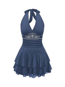 lot 16065 image: SOLY HUX Womens Summer Halter Backless Mini Dress Flowy Sleeveless V Neck Tie Back A Line Western Casual Sun Dresses Dark Blue Medium