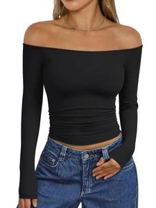 lot 16068 image: Trendy Queen Womens Long Sleeve Off The Shoulder Tops Going Out Basic T Shirts Cute Sexy Crop Boat Neck Y2K Corset Concert Fall Fashion 2026 Outfits Clothes Black S