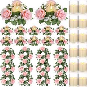lot 17548 image: Yunlly 12 Pcs Rose Candle Rings with Flameless Candles Sets, Artificial Flower Eucalyptus Wedding Centerpiece 3 Inch Pillar Candleholders Wreaths for Wedding Party Mothers Day (Pink)