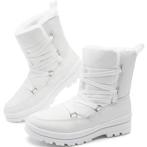 lot 17549 image: Rominz Womens Winter Snow Boots Waterproof Black Fur Lined Warm Mid Calf Boots for Women Non-Slip Ankle Boots White Lace-Up Platform Boots(White,US11)