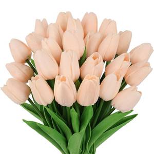 lot 17558 image: MACTING 30 PCS Artificial Tulip Flowers 13.7 Real Touch Fake PU Tulips Bouquet Faux Flowers for Floral Arrangements Table Centerpieces Kitchen Mothers Day Spring Easter Decorations (Light Pink)