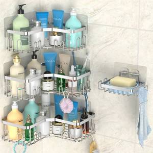 lot 17567 image: stusgo 4 Pack Corner Shower Caddy with Soap Holder, Adhesive Shower Shelves No Drilling, Rustproof Stainless Steel Bathroom Shower Organizer with Hooks, Shower Shelf for Inside Shower, Silver