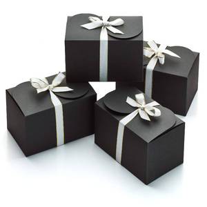 lot 17574 image: Black Kraft Gift Boxes with White & Gold Ribbons (20 Set) 6.5�� x 4�� Small Rectangle Cardboard Treat Boxes with Lids for Gift Giving, Weddings, Party Favors, Cookies, Christmas, Groomsmen, Bulk, Empty