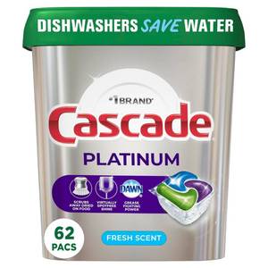 lot 17575 image: Cascade Platinum Dishwasher Pods, Dishwasher Detergent, Actionpacs, Fresh, 62 Count